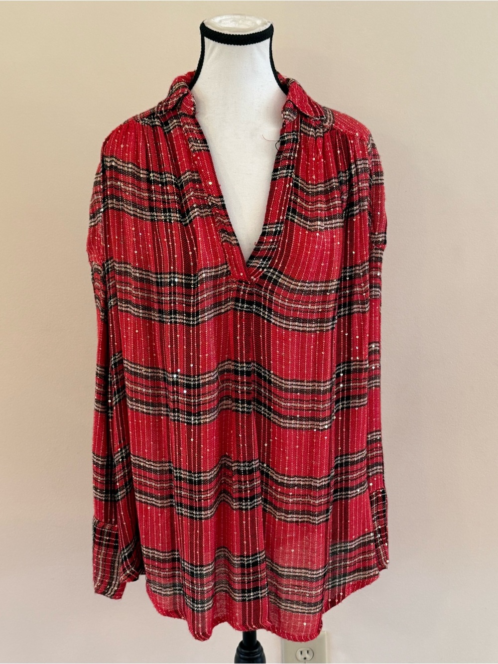 Free People Red Plaid Metallic Thread V-Neck Tunic
